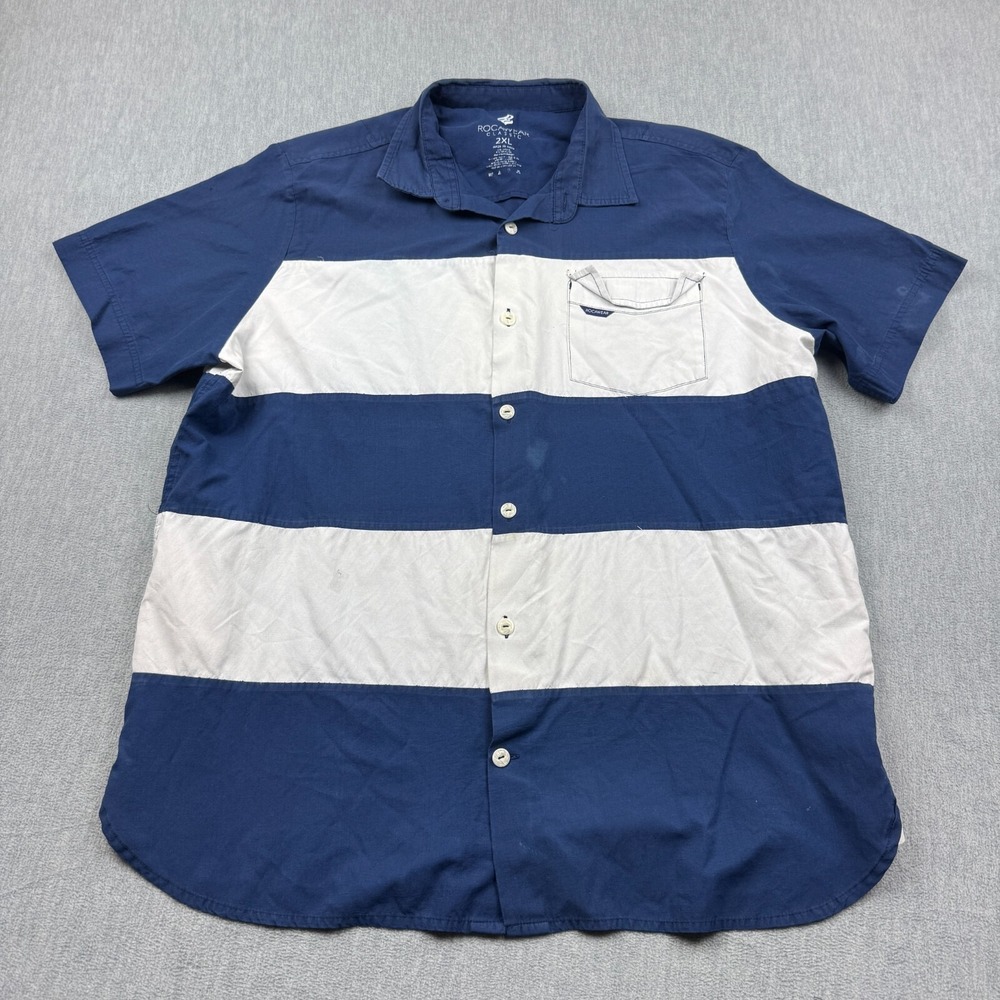 Rocawear Shirt Mens 2XL XXL Blue White Stripe Short Sleeve Button Up Lightweight